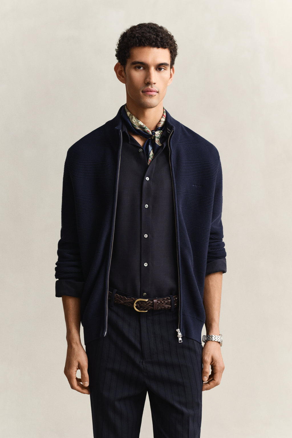EVENING BLUE, COTTON TEXTURE ZIPPED CARDIGAN, FRONT-VIEW BY GANT AU.