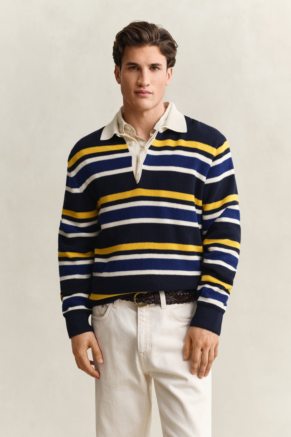EVENING BLUE, STRIPED COTTON RIB POLO, FRONT-VIEW BY GANT AU.