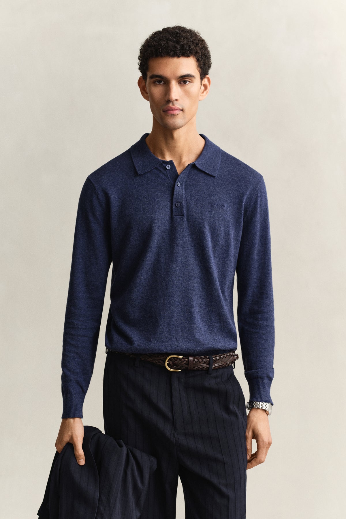 DARK INDIGO MELANGE, SLUB COTTON LINEN POLO, FRONT-VIEW BY GANT AU.