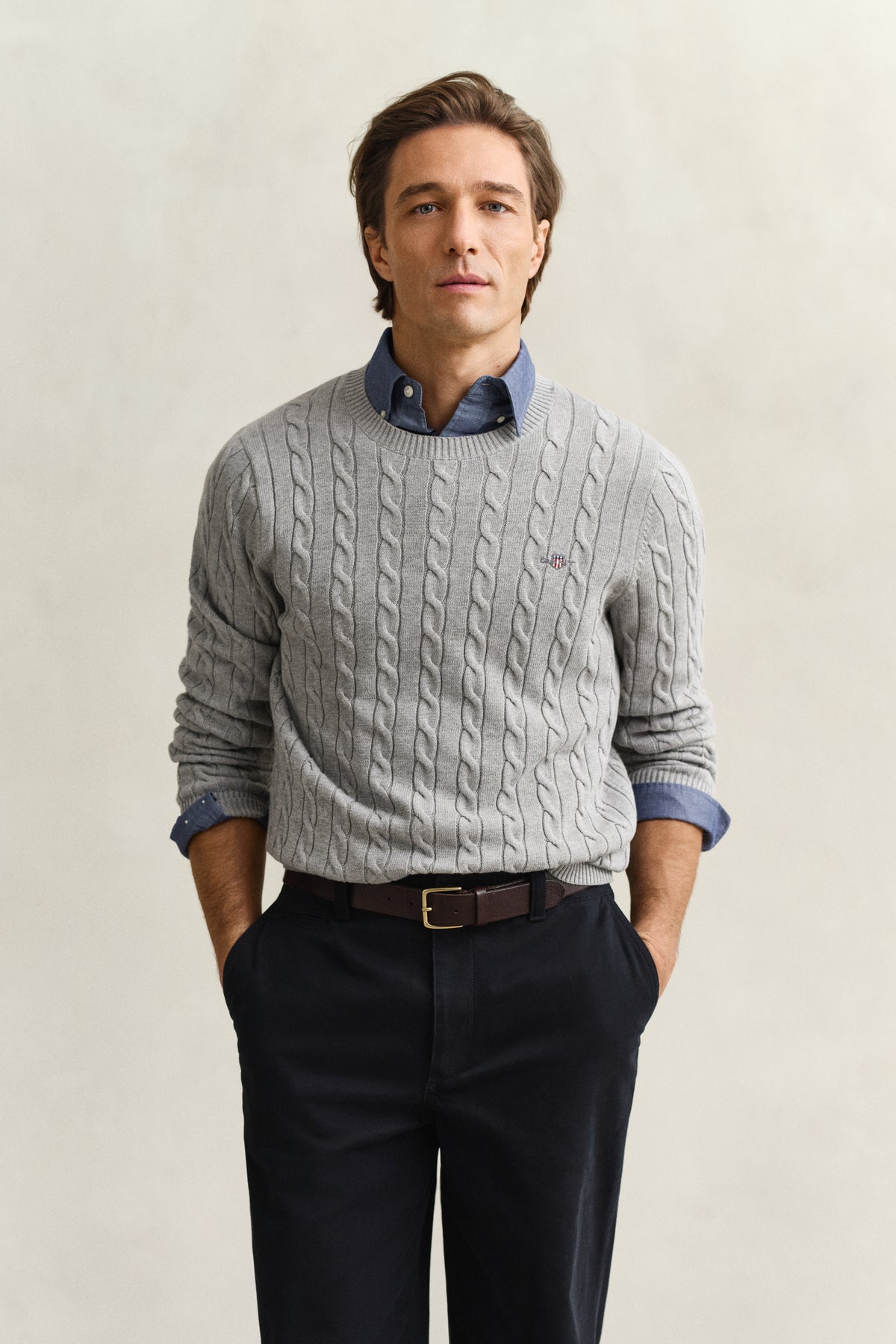 GREY MELANGE, Classic Cable Knit Sweater BY GANT AU.