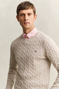 OAT MELANGE, COTTON CABLE C-NECK, CLOSE-UP BY GANT AU.