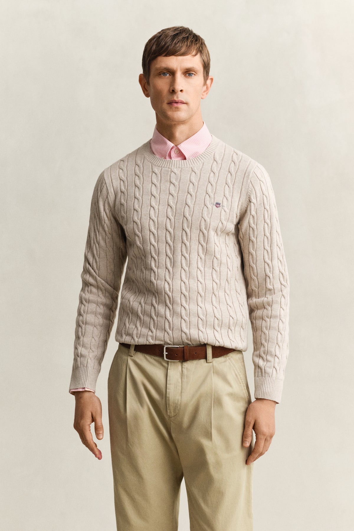 OAT MELANGE, COTTON CABLE C-NECK, FRONT-VIEW BY GANT AU.