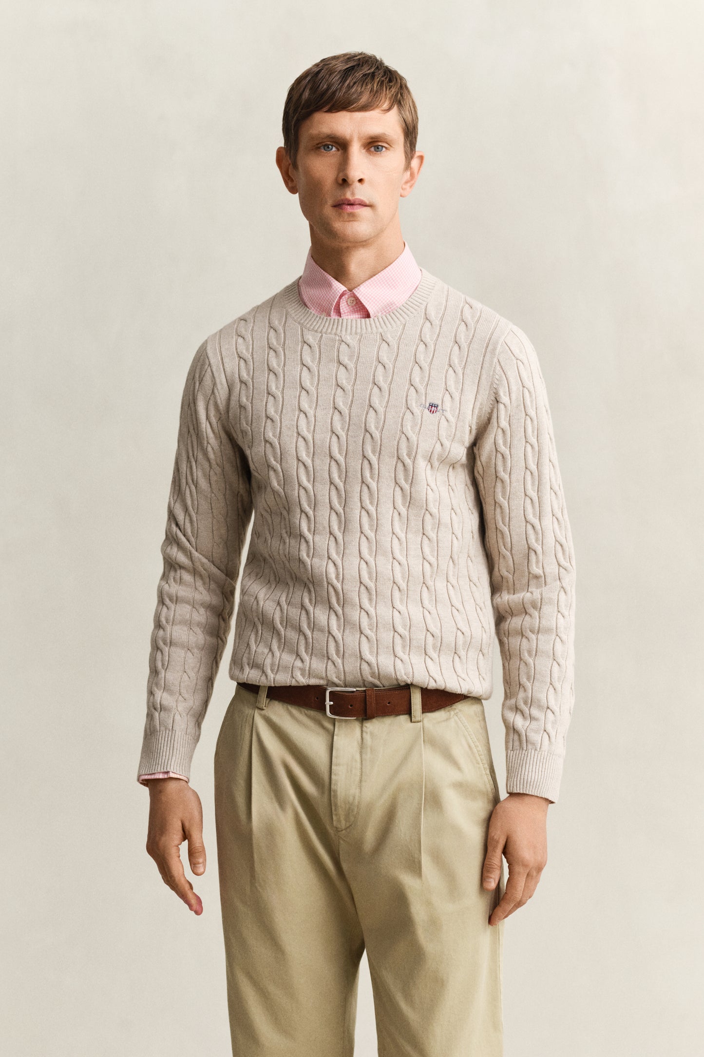 OAT MELANGE, COTTON CABLE C-NECK, FRONT-VIEW BY GANT AU.