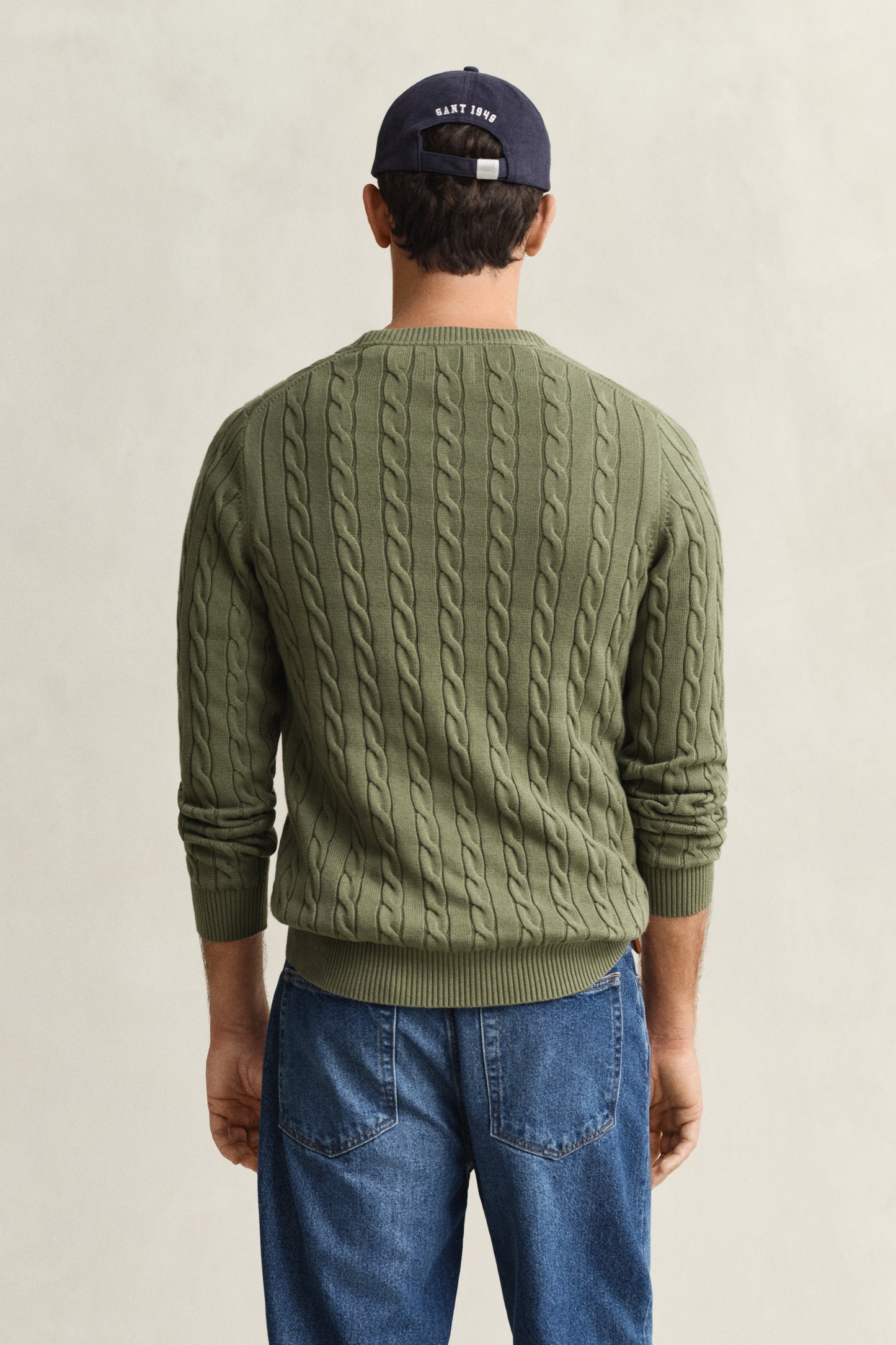 DRY HERB GREEN, Classic Cable Knit Sweater, BACK-VIEW BY GANT AU.