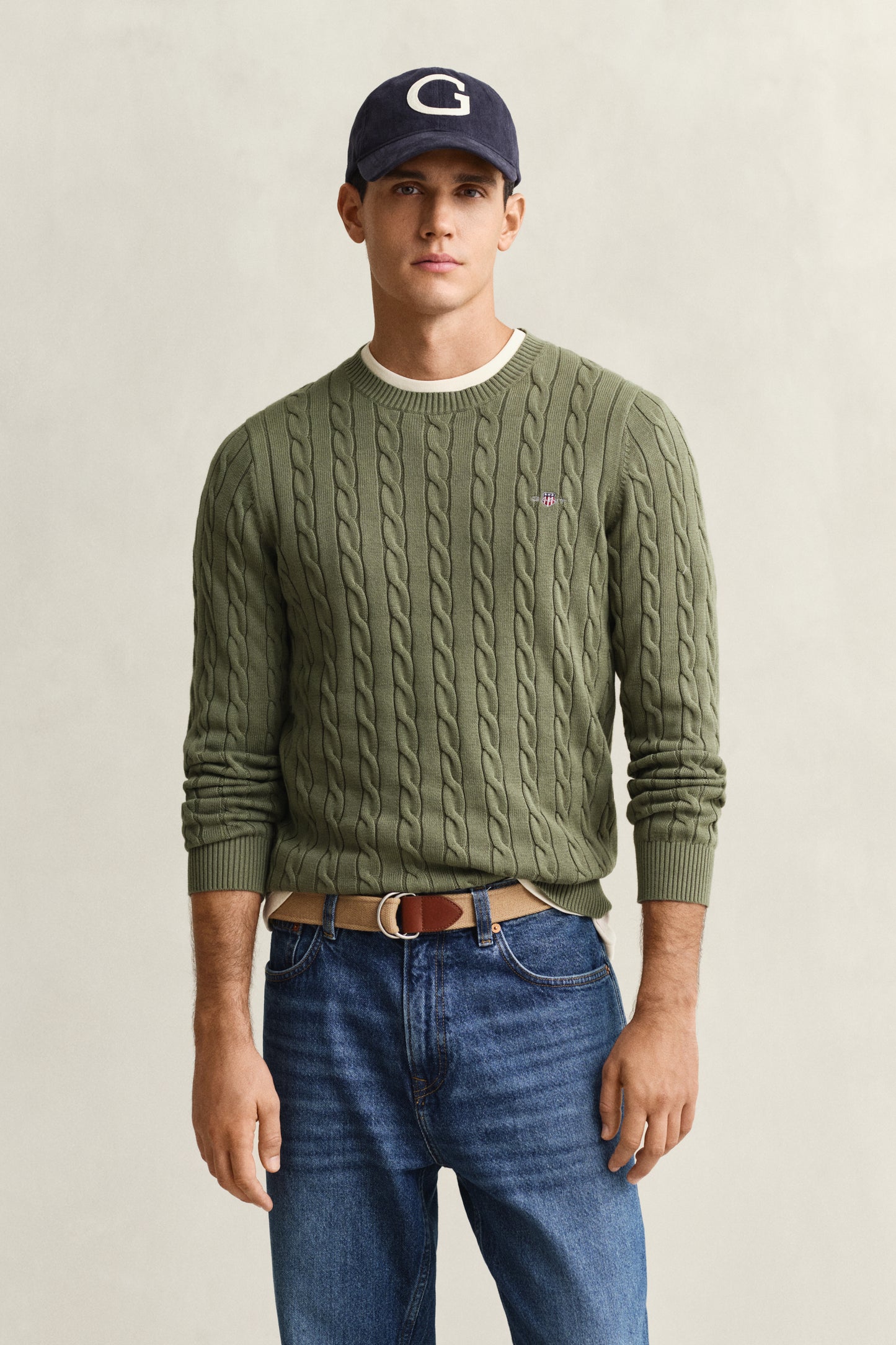 DRY HERB GREEN, Classic Cable Knit Sweater, FRONT-VIEW BY GANT AU.