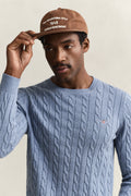 FADED DENIM, COTTON CABLE C-NECK, CLOSE-UP BY GANT AU.