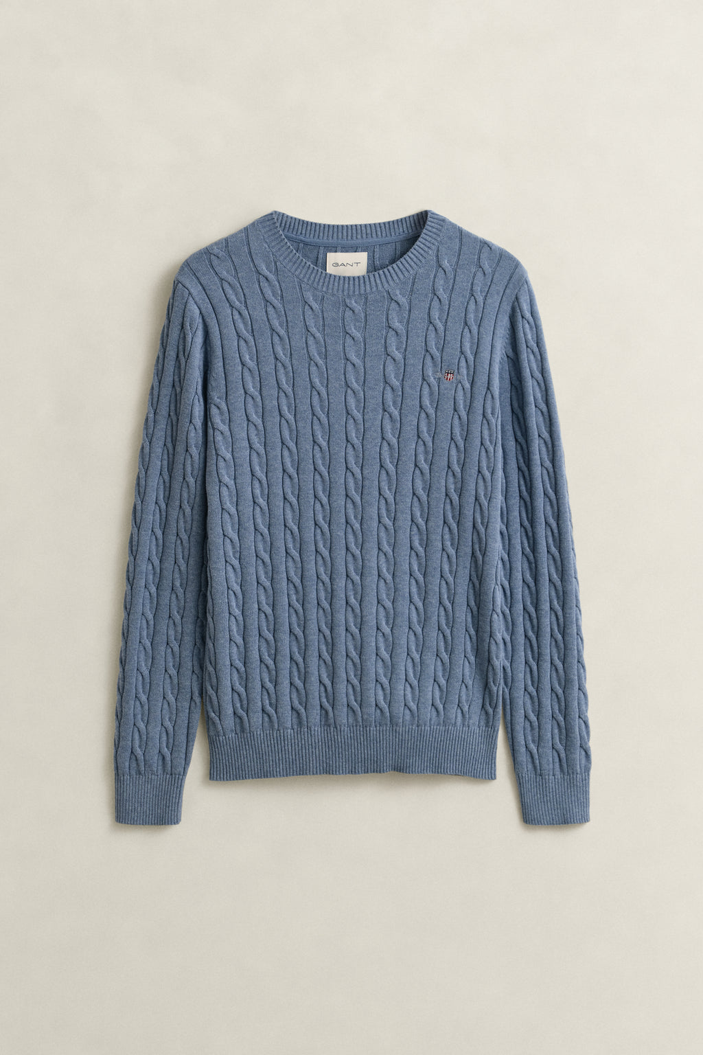 FADED DENIM, Classic Cable Knit Sweater, FLAT-LAY BY GANT AU.