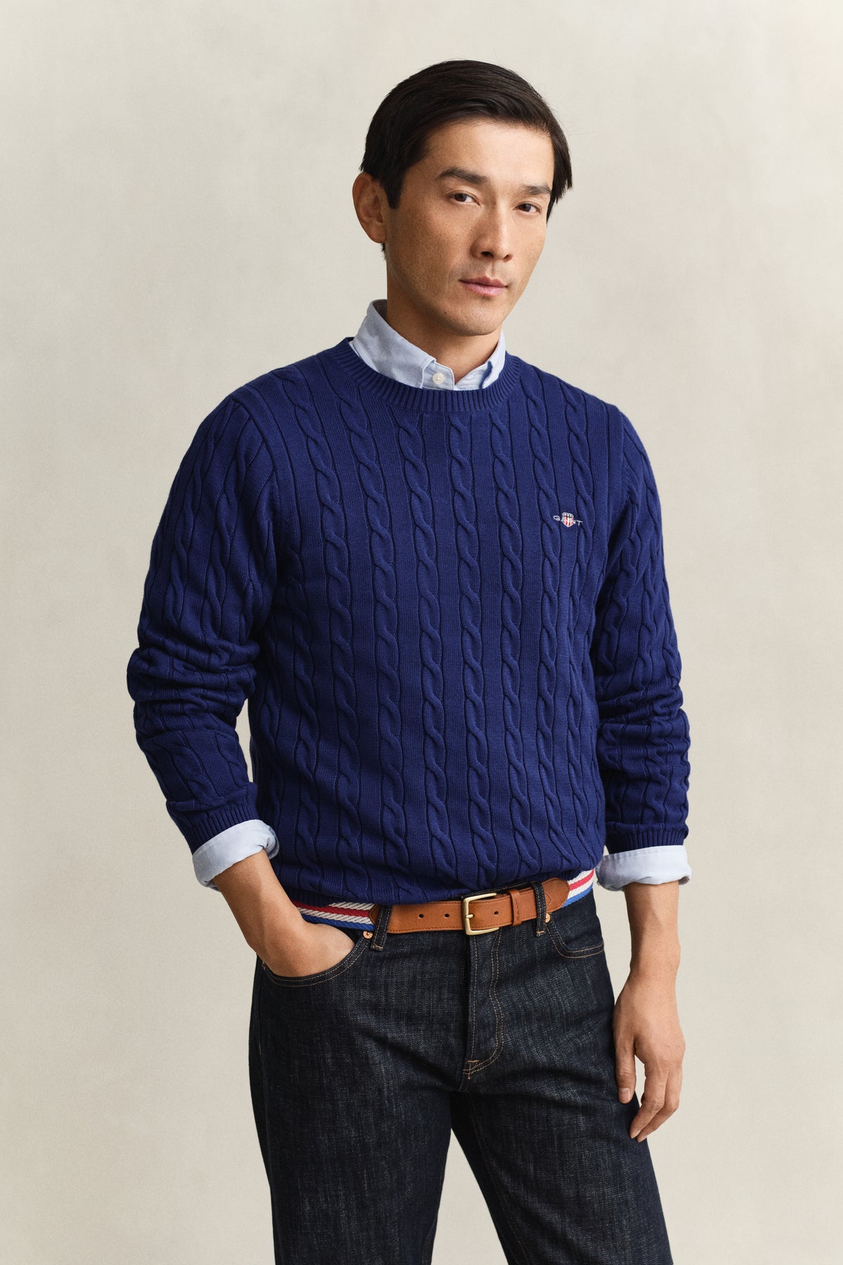 RICH NAVY, Classic Cable Knit Sweater, FRONT-VIEW BY GANT AU.