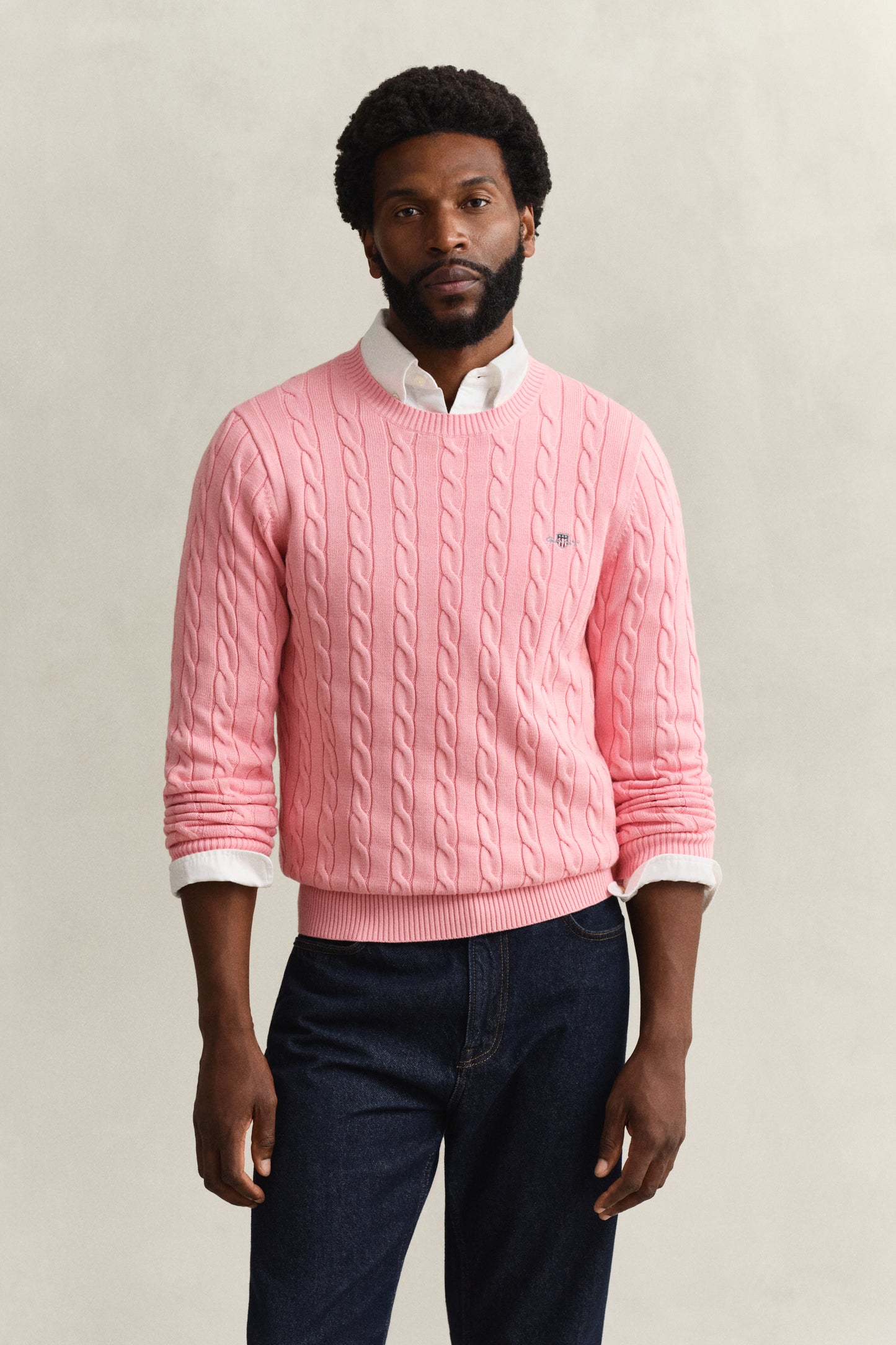 WASHED PINK, COTTON CABLE C-NECK, FRONT-VIEW BY GANT AU.