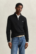 BLACK, COTTON CABLE HALF ZIP, FRONT-VIEW BY GANT AU.