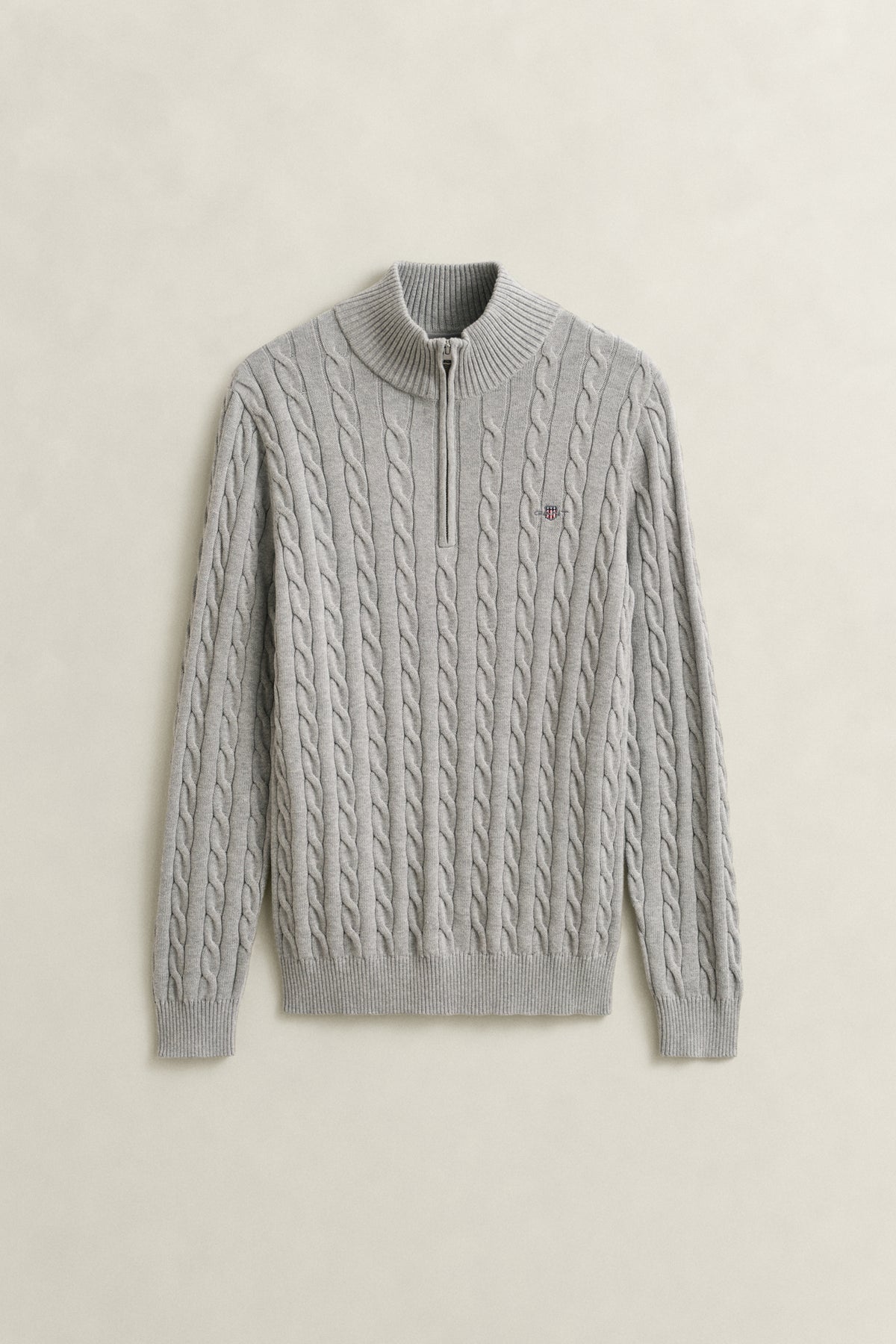 GREY MELANGE, COTTON CABLE HALF ZIP BY GANT AU.