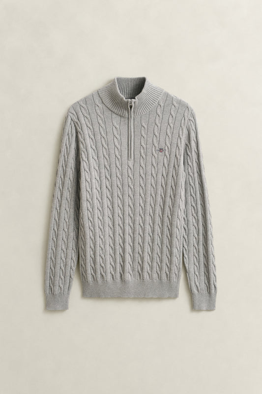 GREY MELANGE, COTTON CABLE HALF ZIP BY GANT AU.