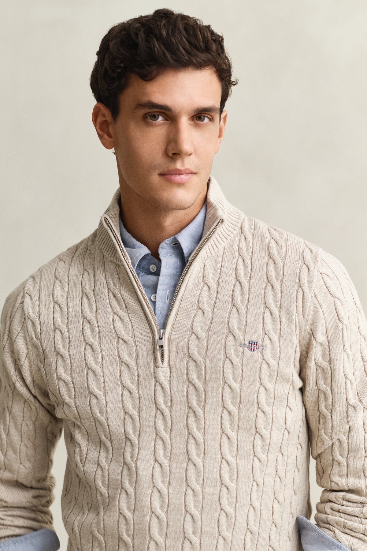 OAT MELANGE, COTTON CABLE HALF ZIP, CLOSE-UP BY GANT AU.
