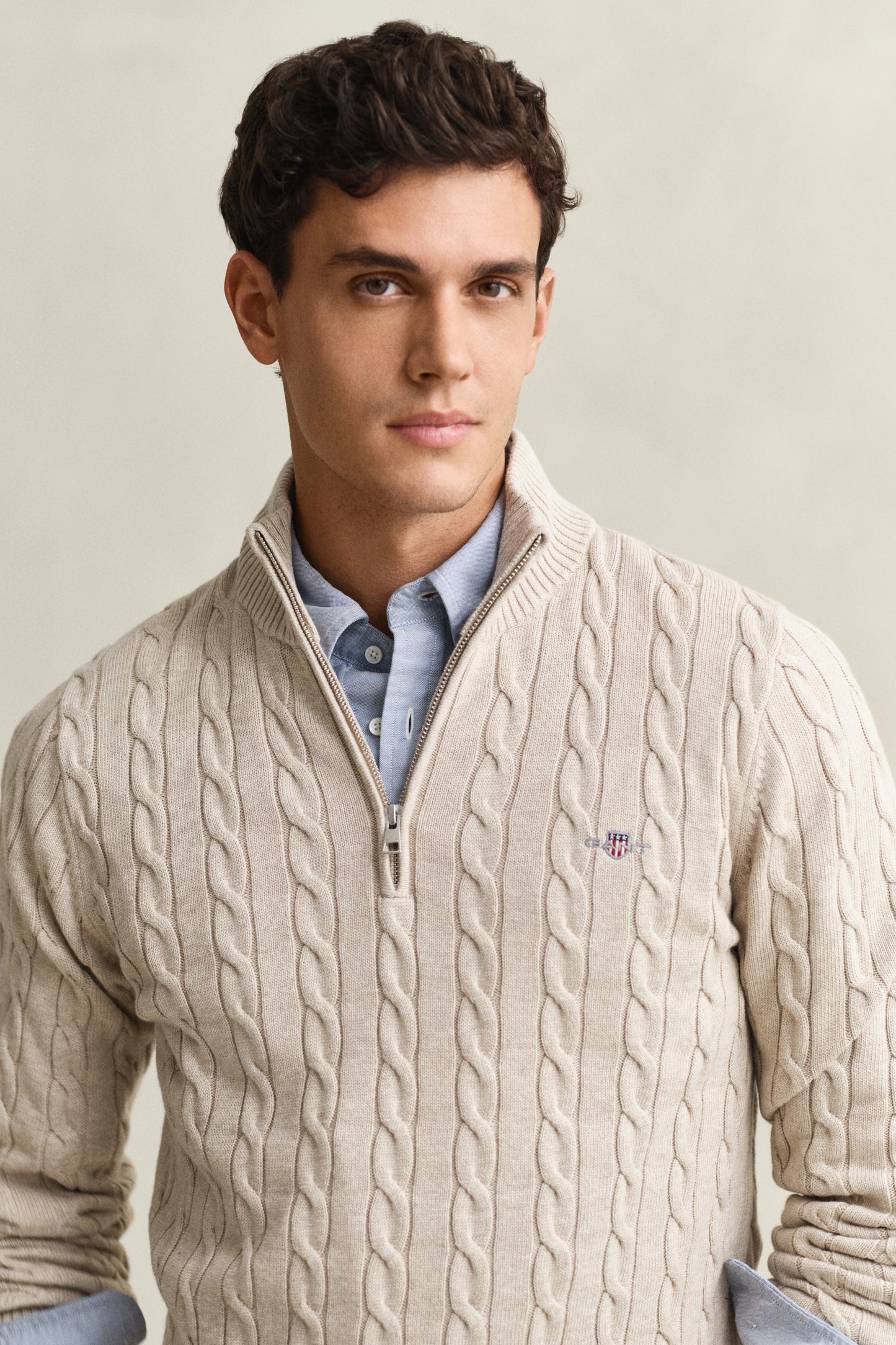 OAT MELANGE, COTTON CABLE HALF ZIP, CLOSE-UP BY GANT AU.