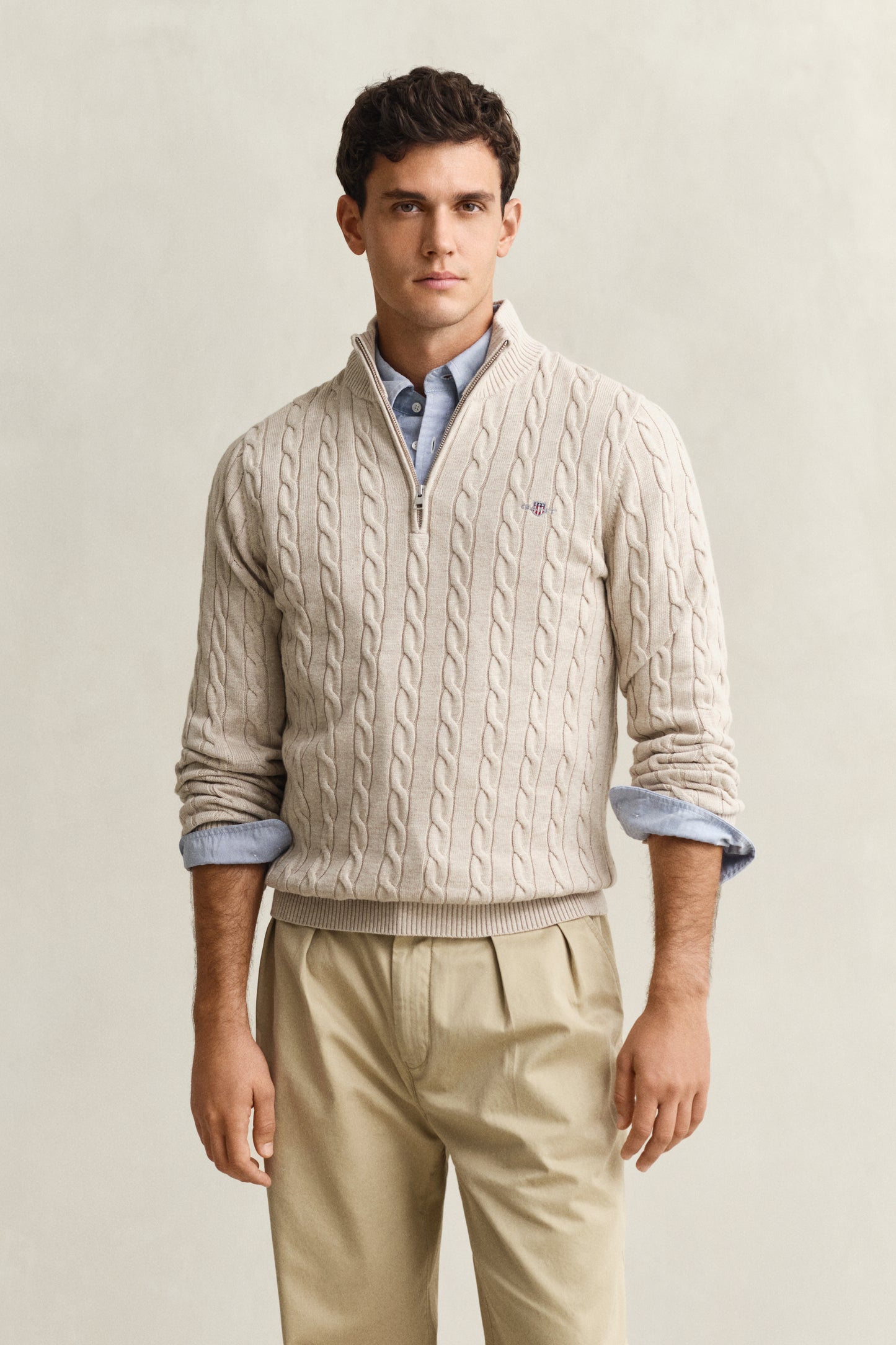 OAT MELANGE, COTTON CABLE HALF ZIP, FRONT-VIEW BY GANT AU.