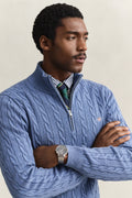 DENIM BLUE MELANGE, COTTON CABLE HALF ZIP, CLOSE-UP BY GANT AU.
