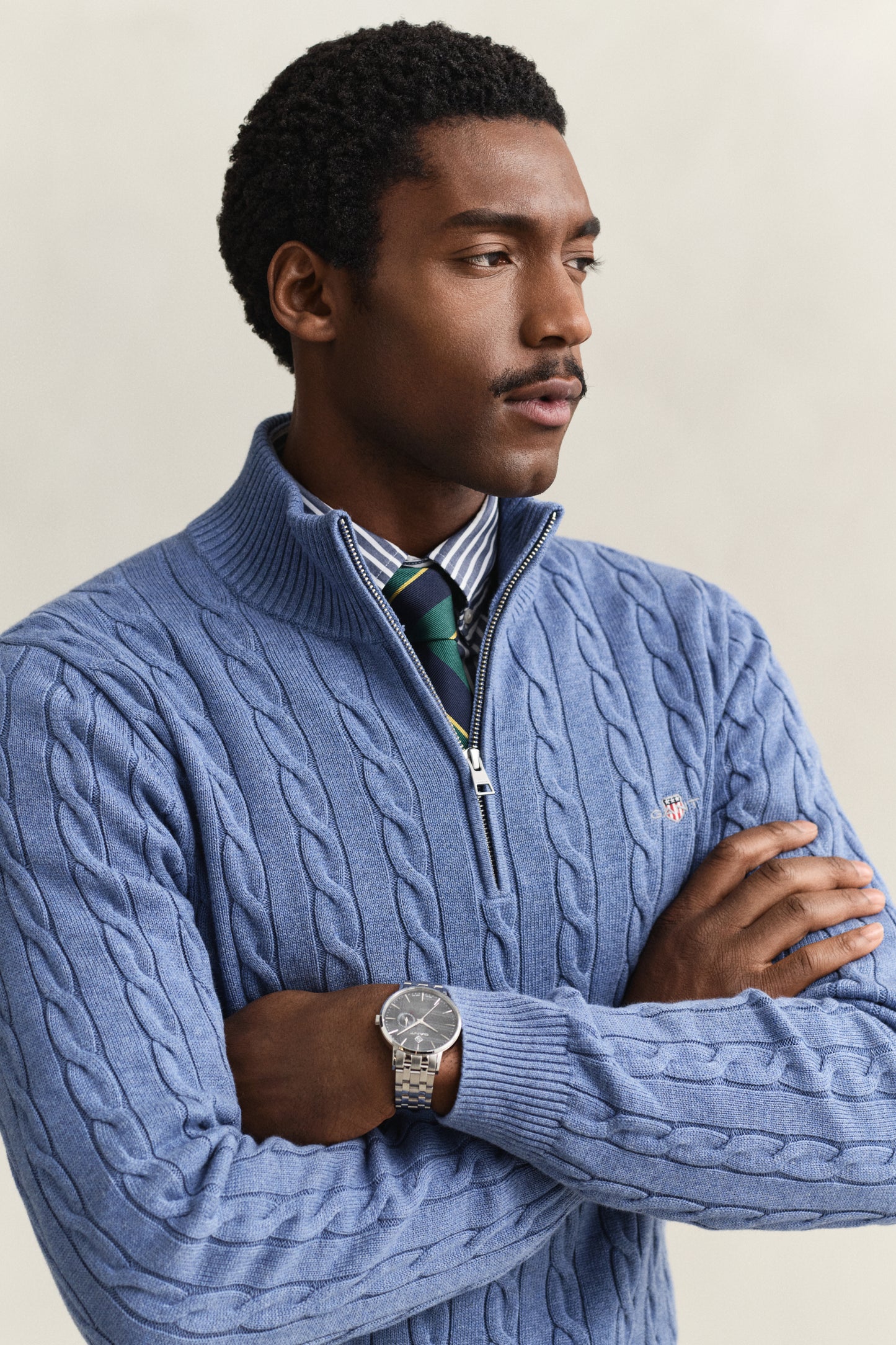 DENIM BLUE MELANGE, COTTON CABLE HALF ZIP, CLOSE-UP BY GANT AU.