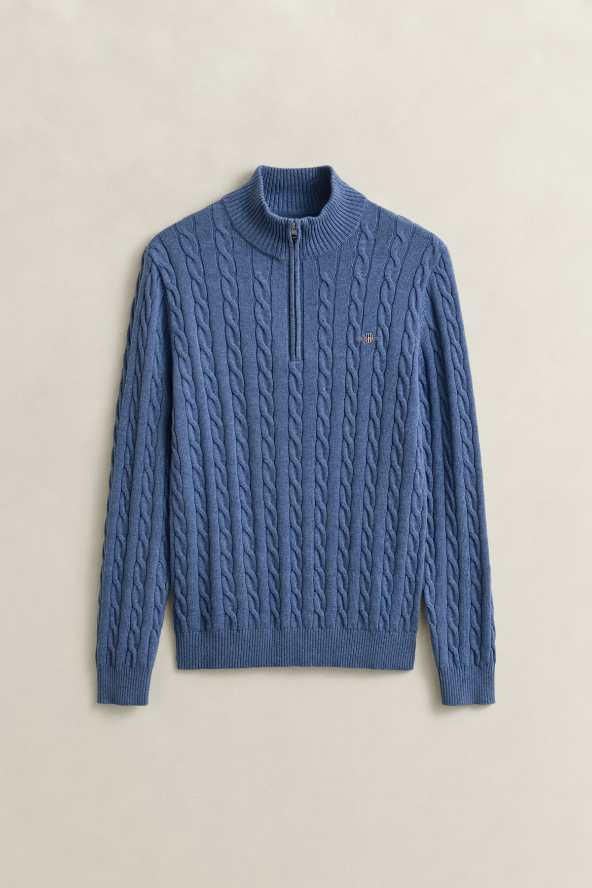 DENIM BLUE MELANGE, COTTON CABLE HALF ZIP, FLAT-LAY BY GANT AU.