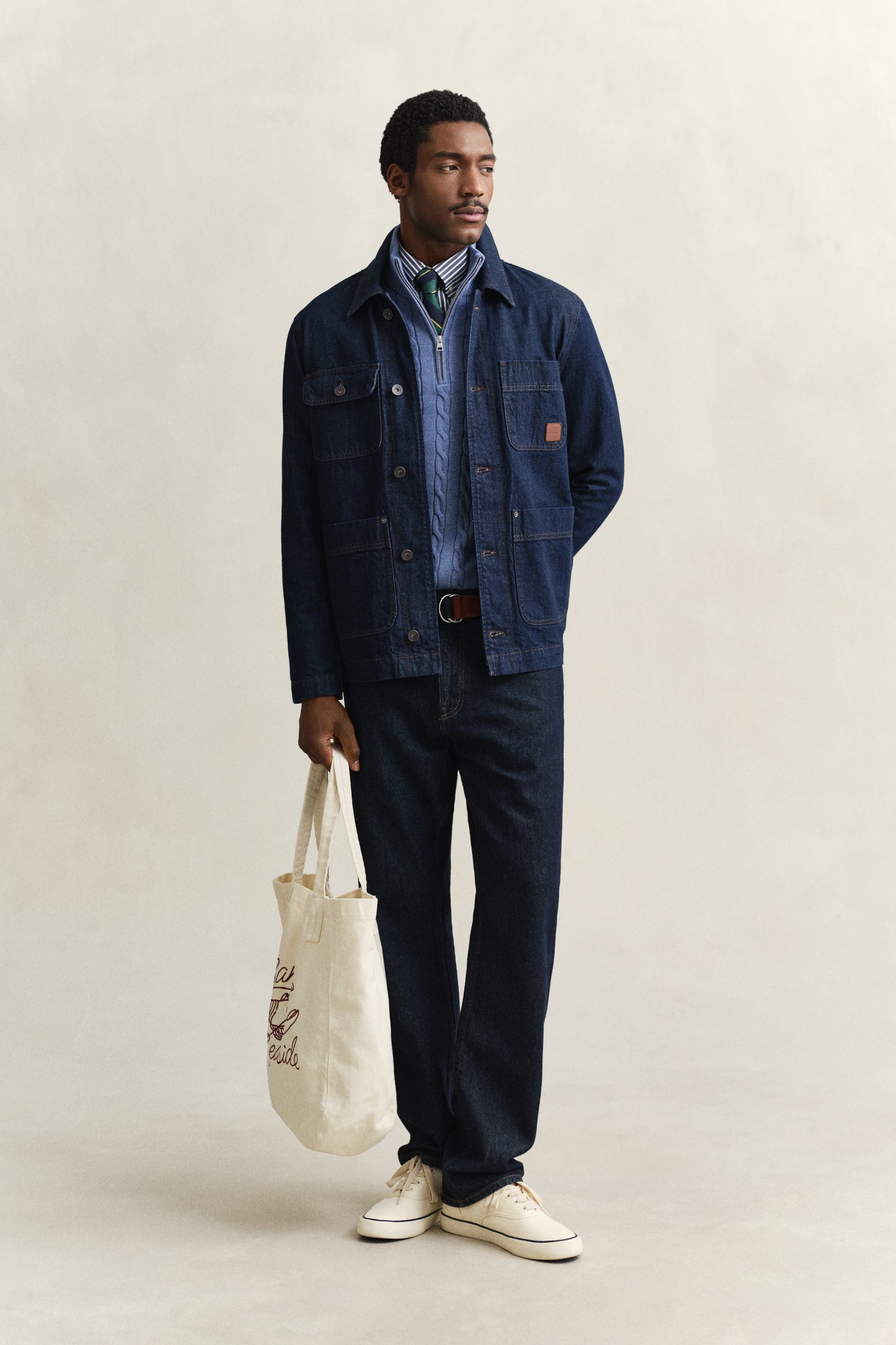 DENIM BLUE MELANGE, COTTON CABLE HALF ZIP BY GANT AU.