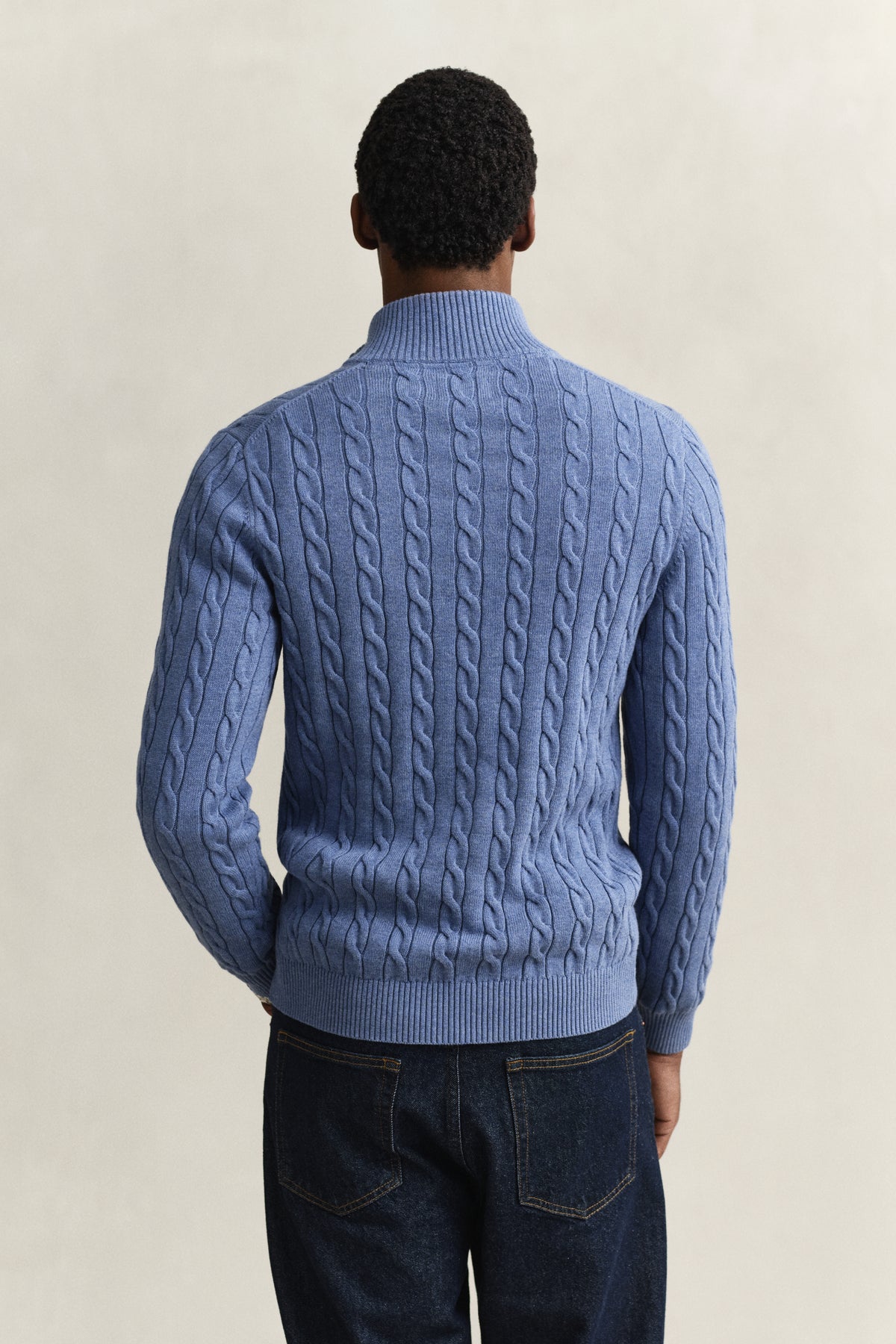 DENIM BLUE MELANGE, COTTON CABLE HALF ZIP, BACK-VIEW BY GANT AU.