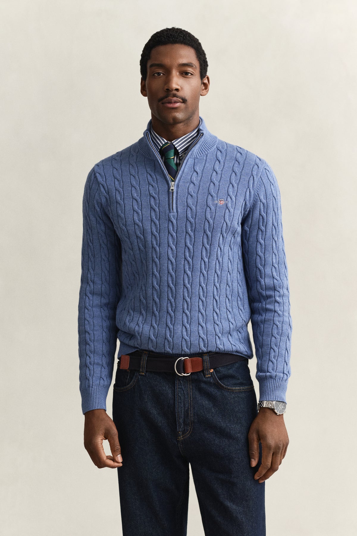 DENIM BLUE MELANGE, COTTON CABLE HALF ZIP, FRONT-VIEW BY GANT AU.