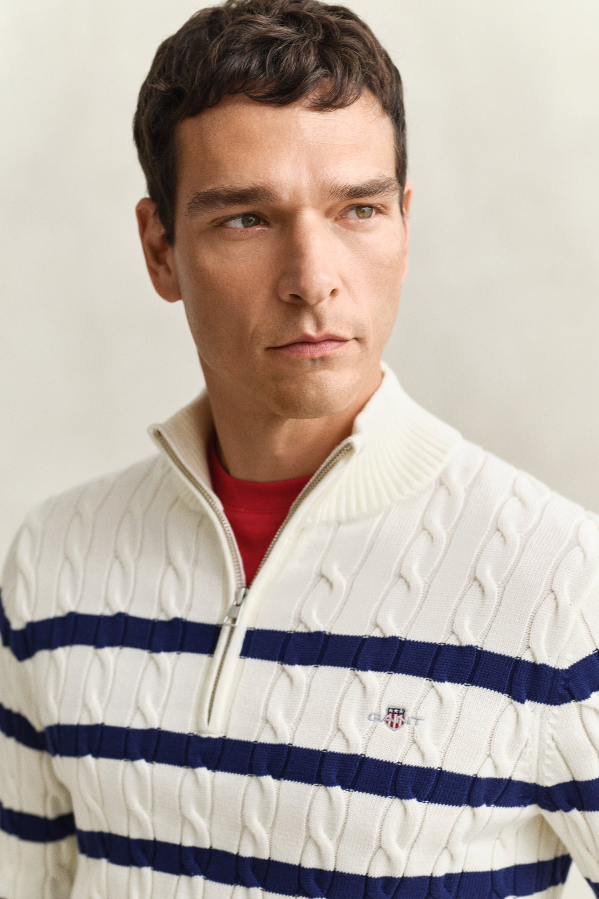 CREAM, STRIPED COTTON CABLE HALF ZIP, CLOSE-UP BY GANT AU.