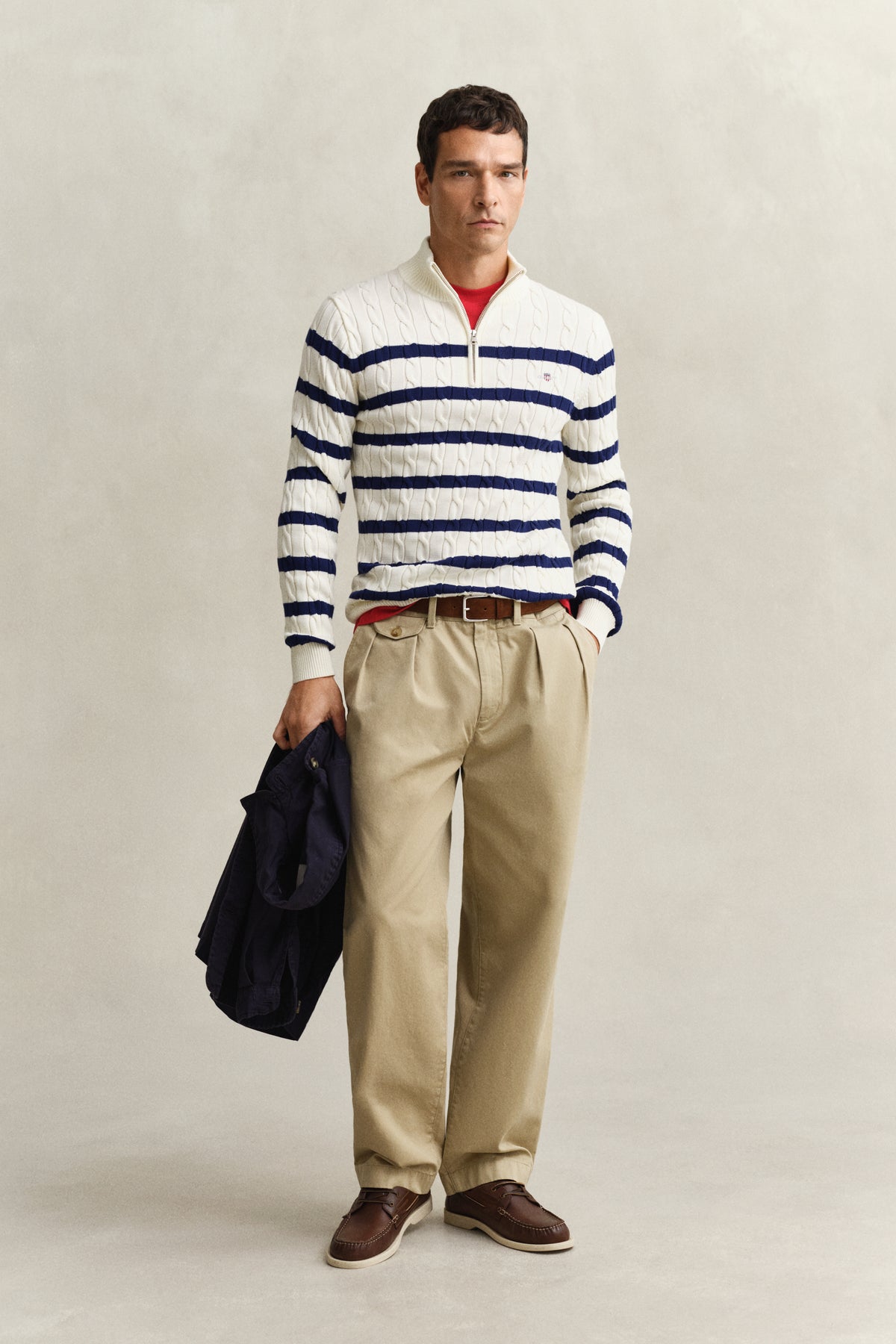 CREAM, STRIPED COTTON CABLE HALF ZIP BY GANT AU.