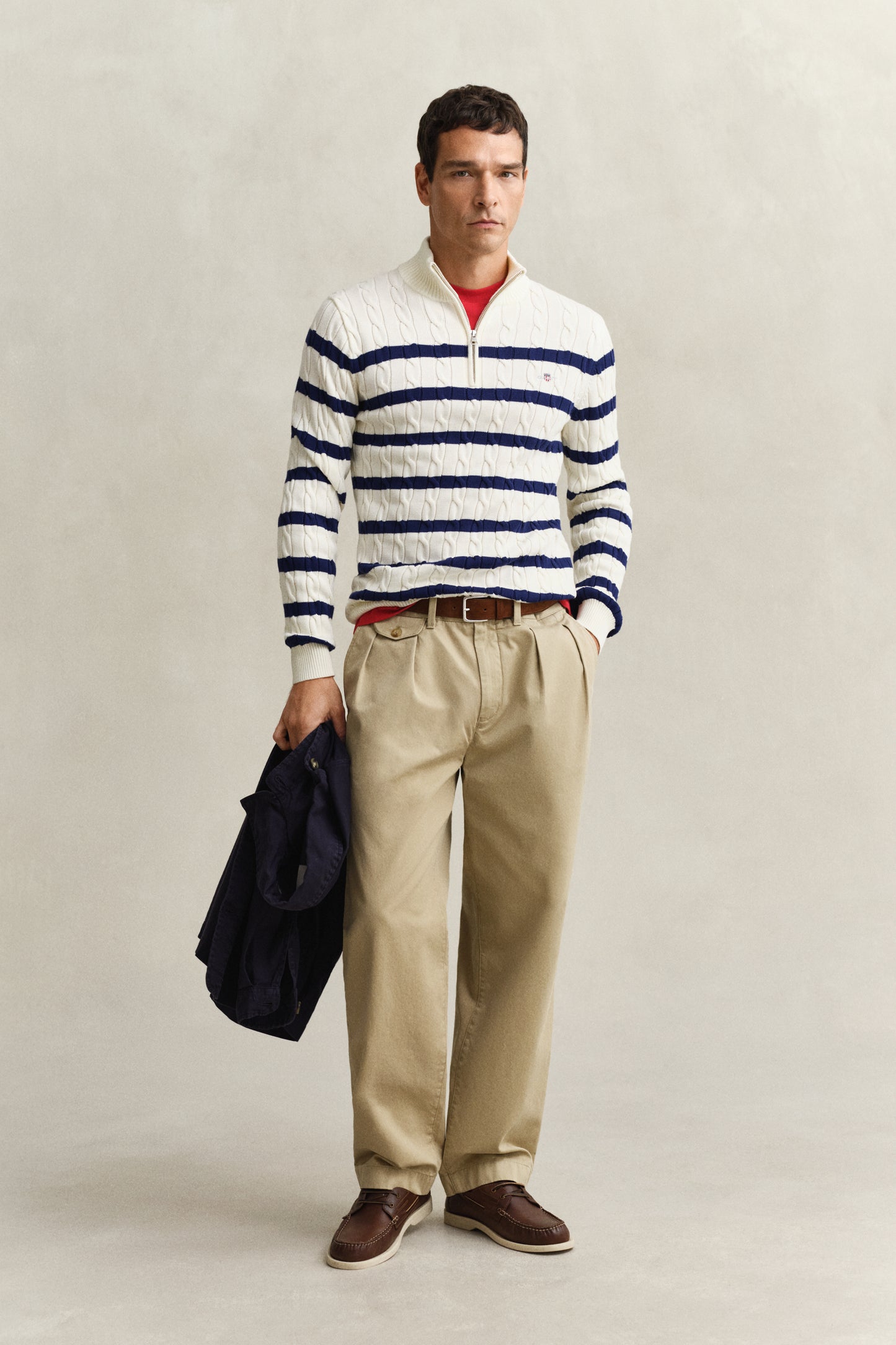 CREAM, STRIPED COTTON CABLE HALF ZIP BY GANT AU.