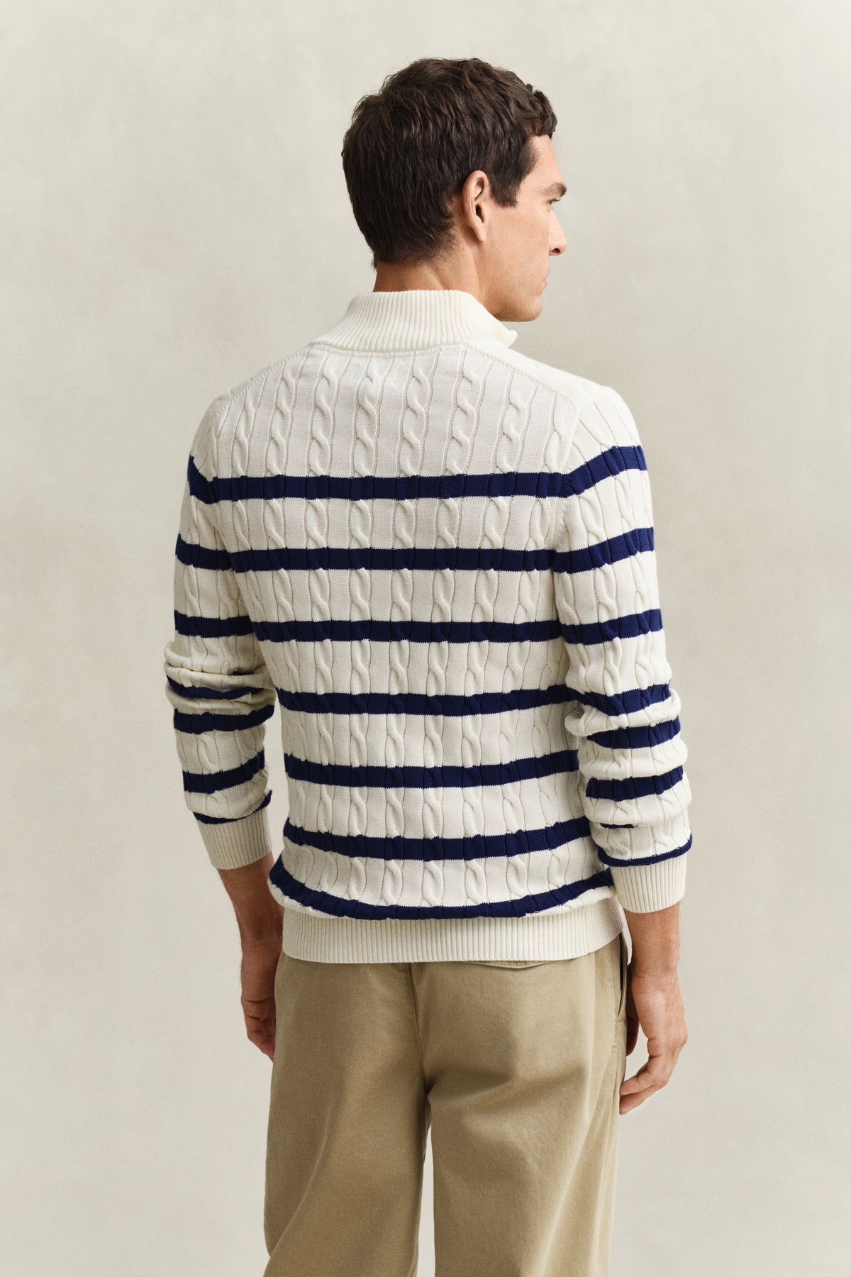 CREAM, STRIPED COTTON CABLE HALF ZIP, BACK-VIEW BY GANT AU.