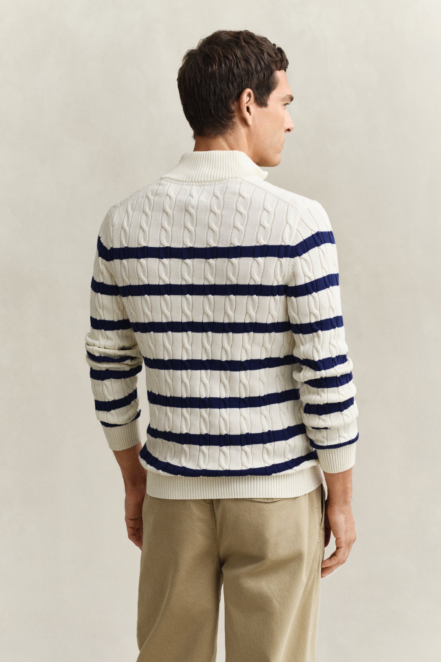 CREAM, STRIPED COTTON CABLE HALF ZIP, BACK-VIEW BY GANT AU.