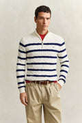 CREAM, STRIPED COTTON CABLE HALF ZIP, FRONT-VIEW BY GANT AU.