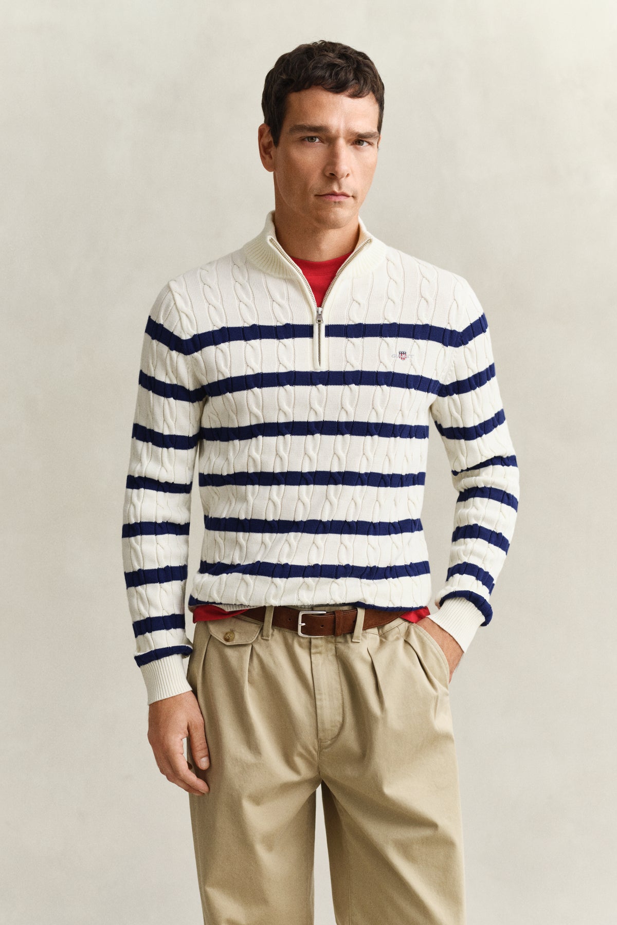 CREAM, STRIPED COTTON CABLE HALF ZIP, FRONT-VIEW BY GANT AU.
