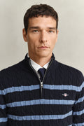 EVENING BLUE, STRIPED COTTON CABLE HALF ZIP, CLOSE-UP BY GANT AU.