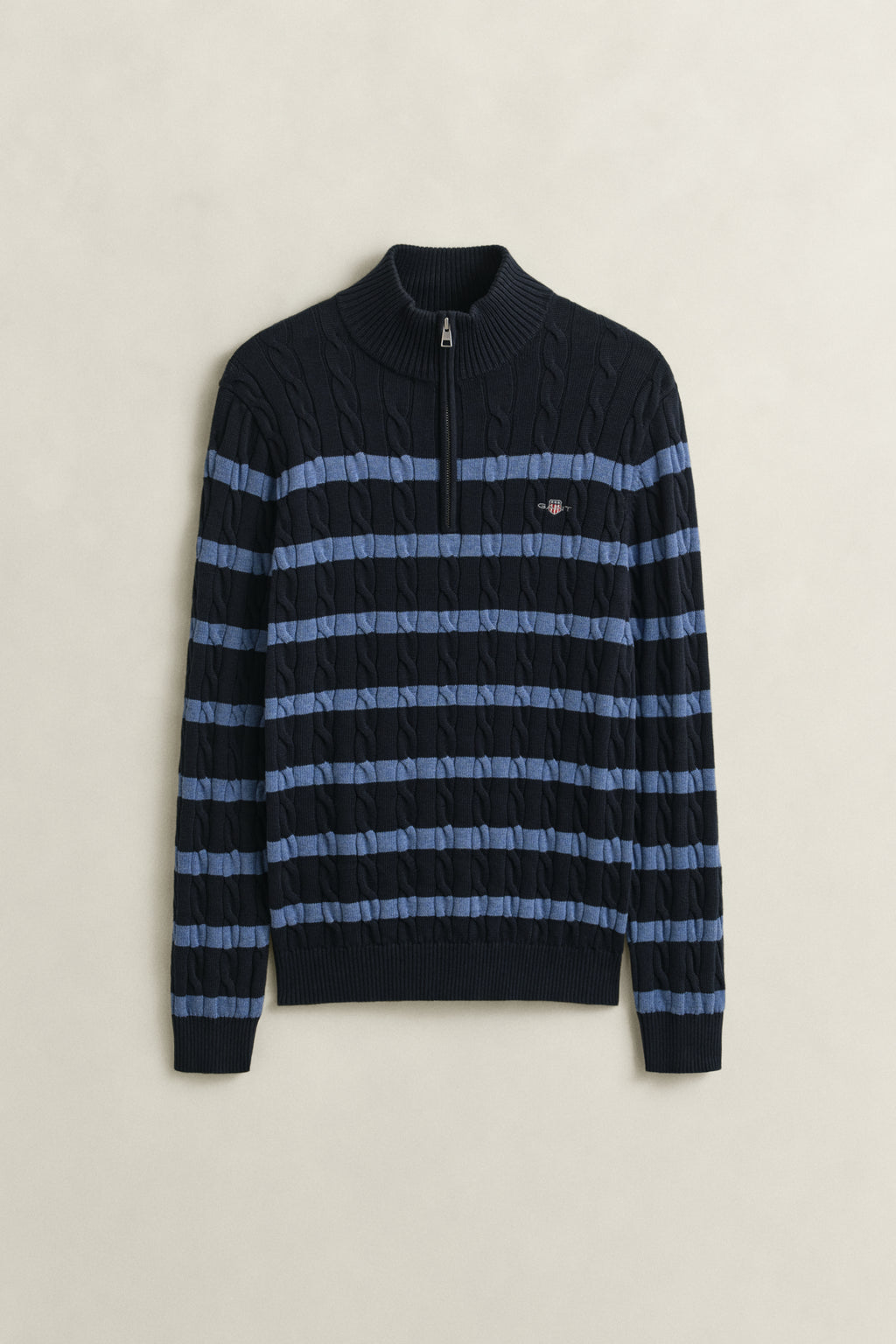 EVENING BLUE, STRIPED COTTON CABLE HALF ZIP, FLAT-LAY BY GANT AU.