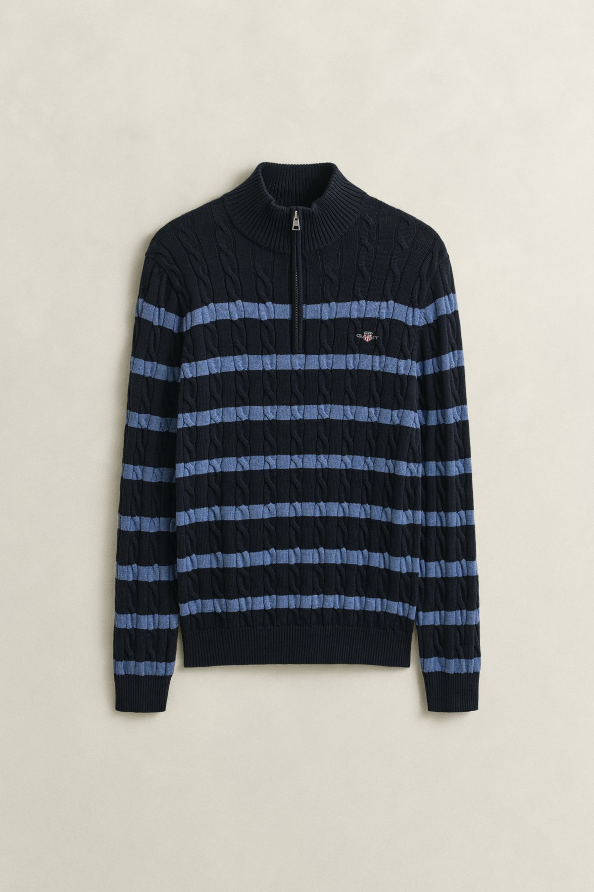 EVENING BLUE, STRIPED COTTON CABLE HALF ZIP, FLAT-LAY BY GANT AU.