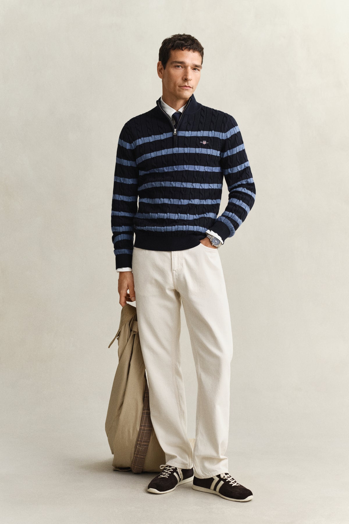 EVENING BLUE, STRIPED COTTON CABLE HALF ZIP BY GANT AU.
