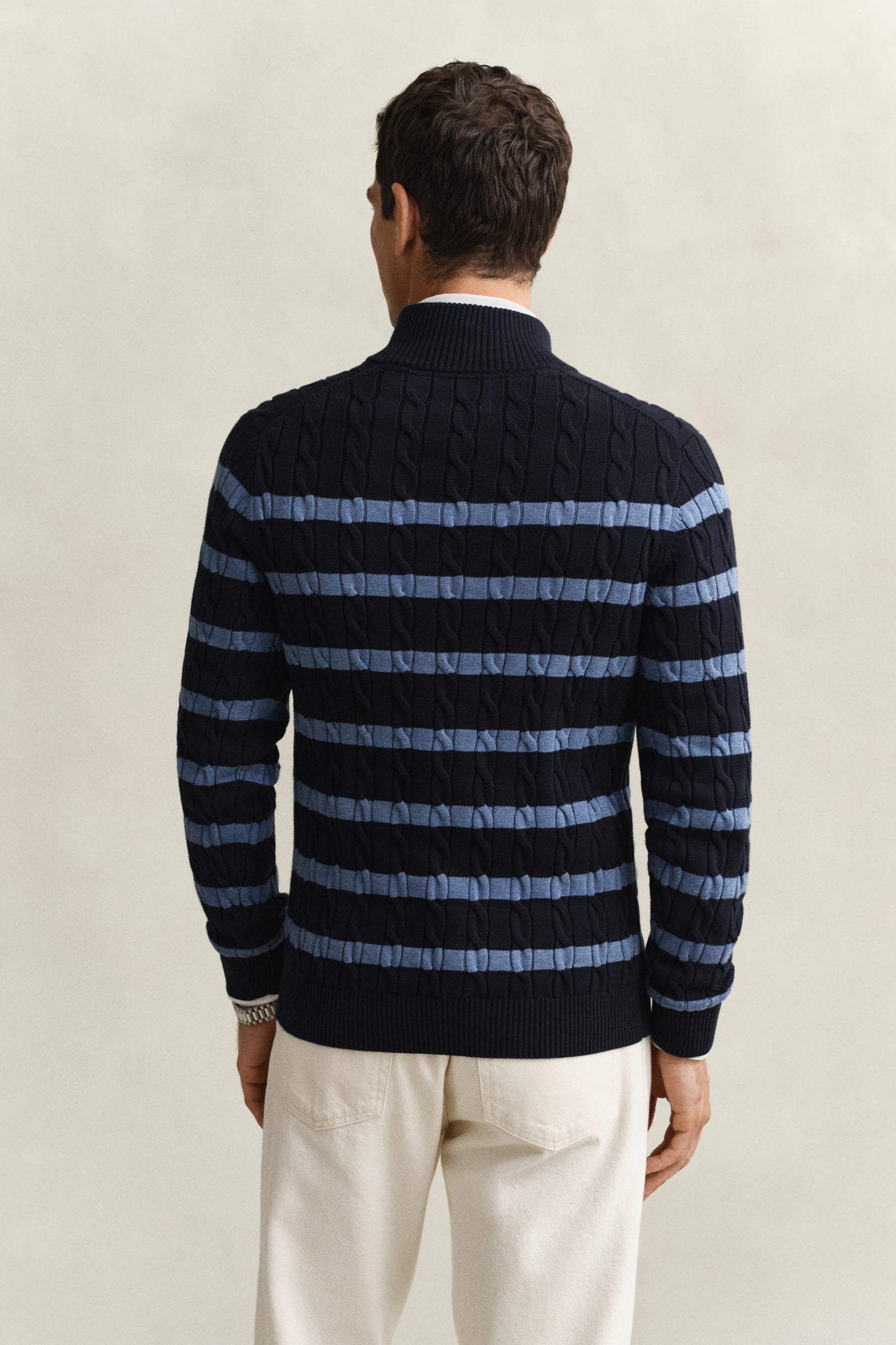 EVENING BLUE, STRIPED COTTON CABLE HALF ZIP, BACK-VIEW BY GANT AU.