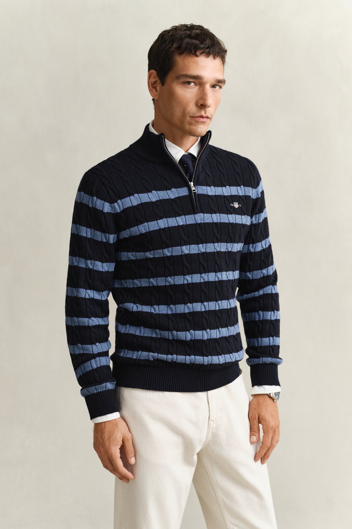 EVENING BLUE, STRIPED COTTON CABLE HALF ZIP, FRONT-VIEW BY GANT AU.