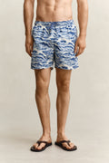 VINTAGE BLUE, WAVES PRINT SWIM SHORTS, CLOSE-UP BY GANT AU.