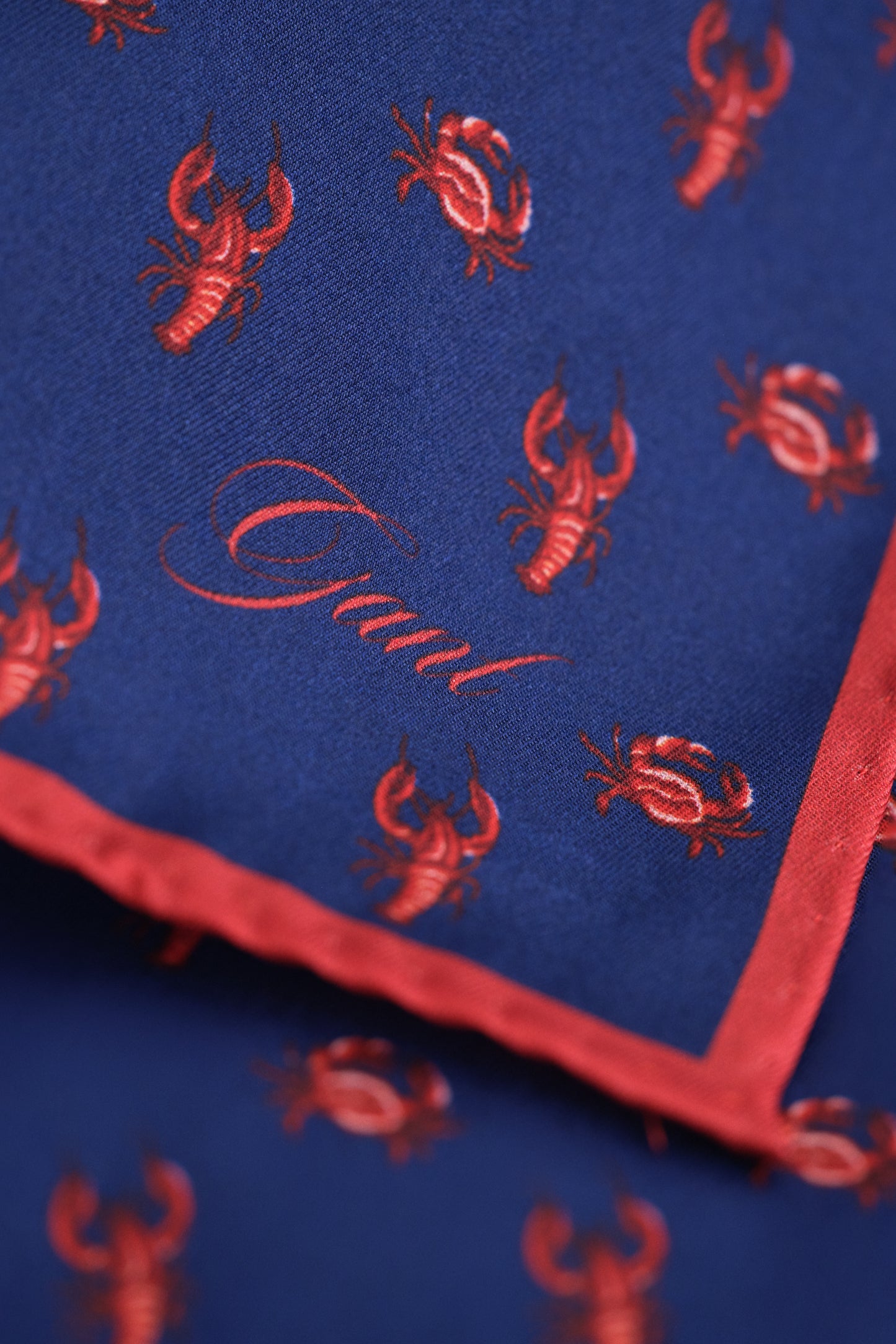 RICH NAVY, CRAB PRINT POCKET SQUARE, CLOSE-UP BY GANT AU.