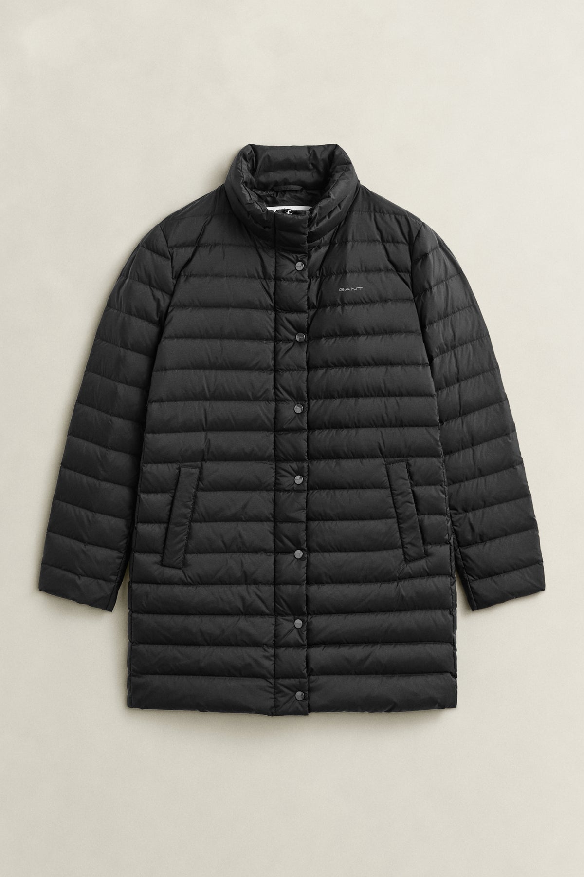BLACK, LIGHT DOWN COAT, FLAT-LAY BY GANT AU.