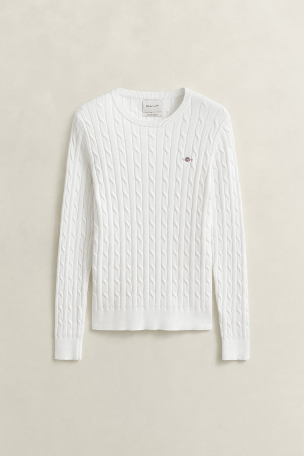 Stretch Cotton Cable Knit Crew Neck Sweater