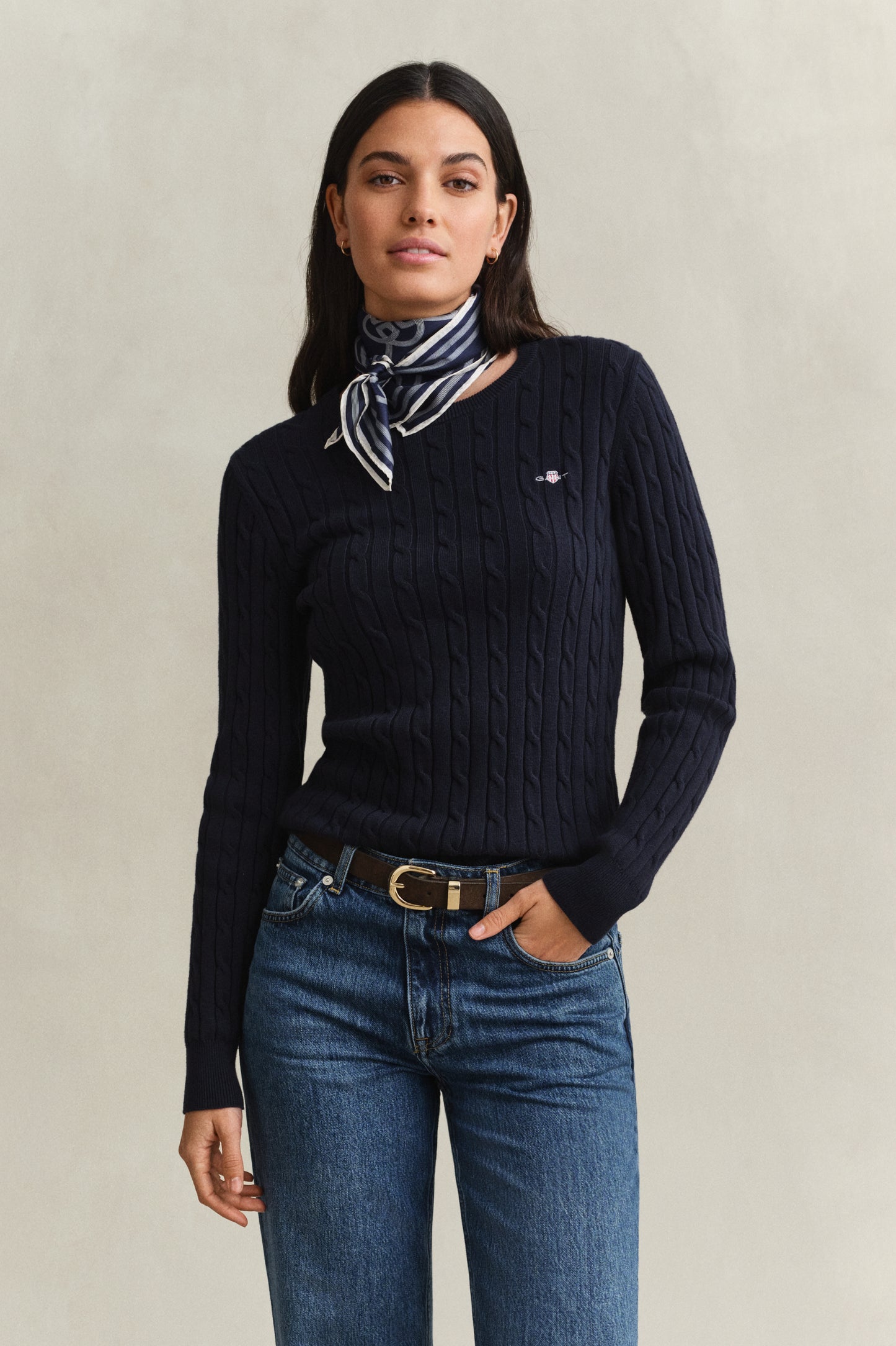 EVENING BLUE, Classic Cable Knit Sweater, FRONT-VIEW BY GANT AU.