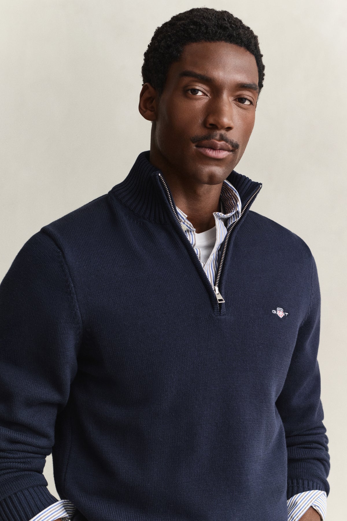 MODEL WEARING Cotton Knit Half-Zip Sweater