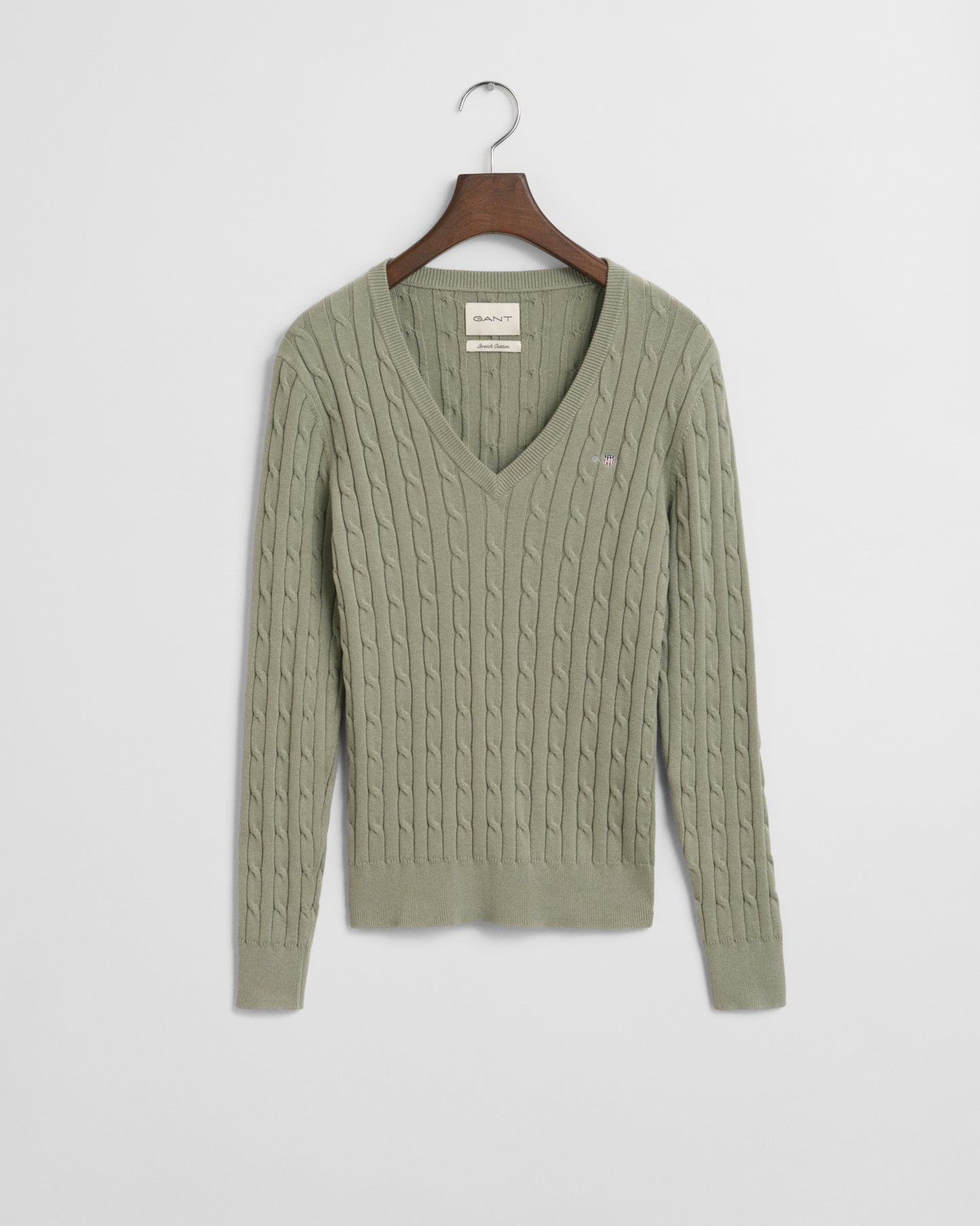 Stretch Cotton Cable Knit V-Neck Sweater