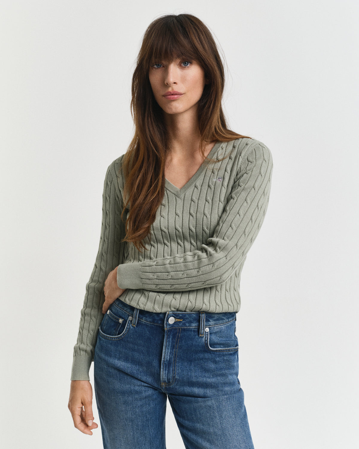Stretch Cotton Cable Knit V-Neck Sweater
