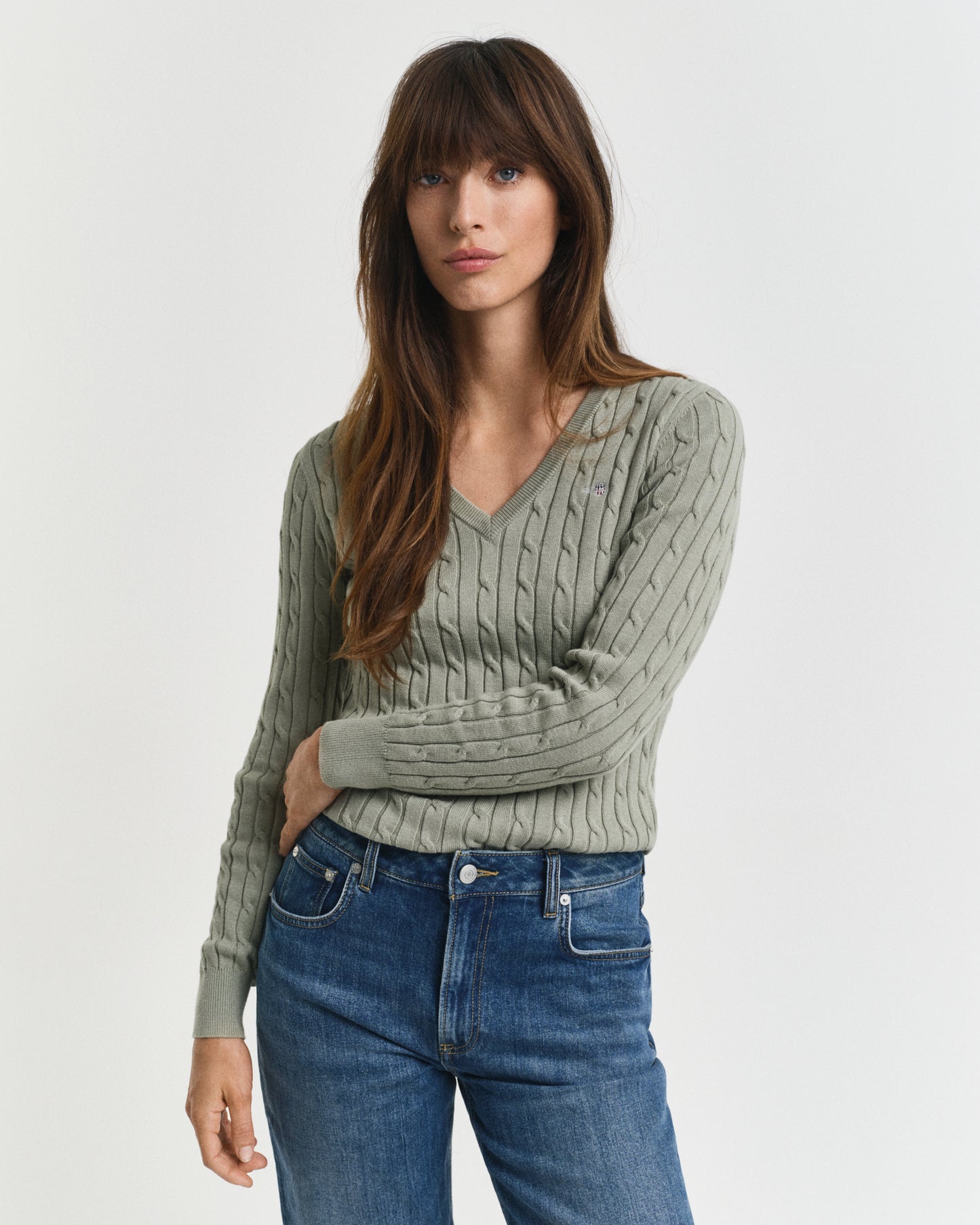 Stretch Cotton Cable Knit V-Neck Sweater