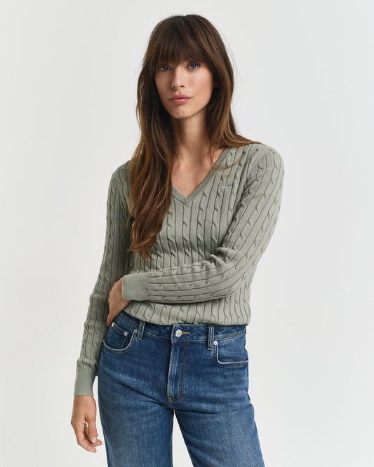 Stretch Cotton Cable Knit V-Neck Sweater