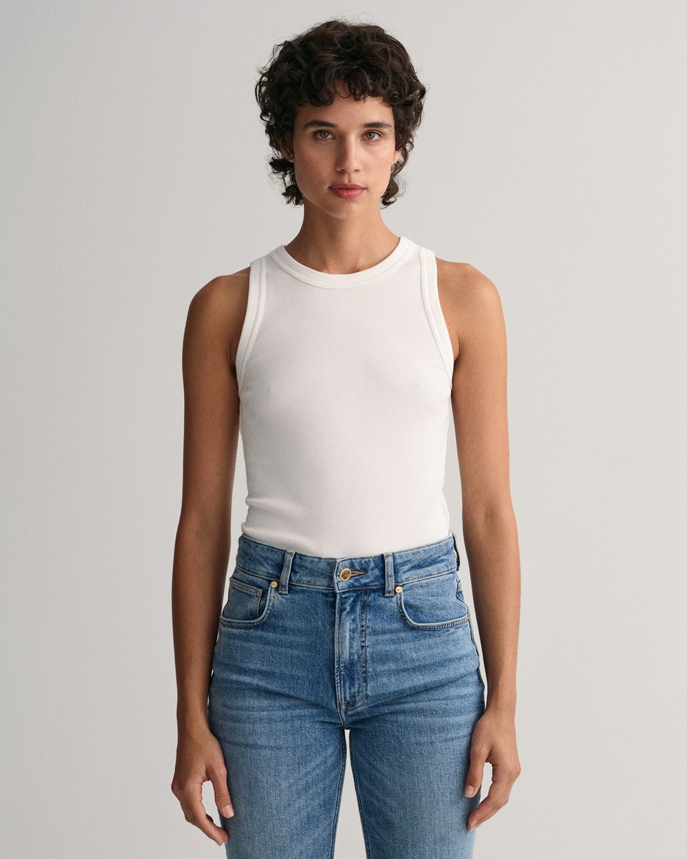 WHITE, HIGH NECK RIB TANK TOP, FRONT-VIEW BY GANT AU.