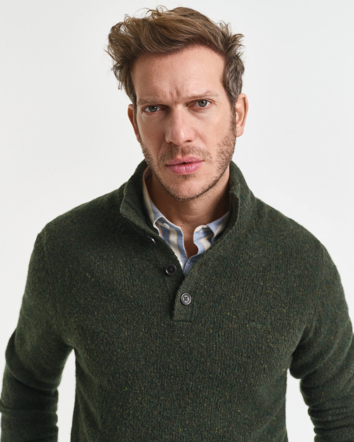Wool Blend Nepps Half-Buttoned Sweater